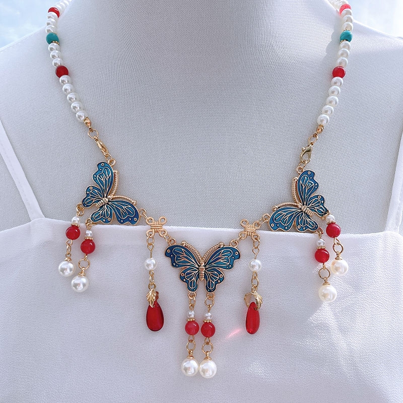 原创设计烧蓝蝴蝶软璎珞项链汉服配饰