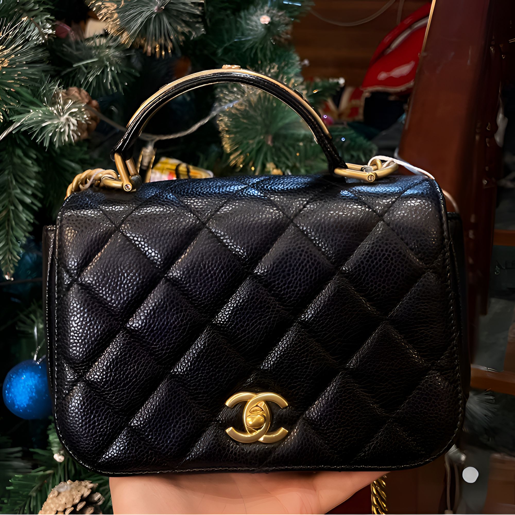 99新 Chanel/香奈儿 中号经典黑金荔枝纹handle口盖包