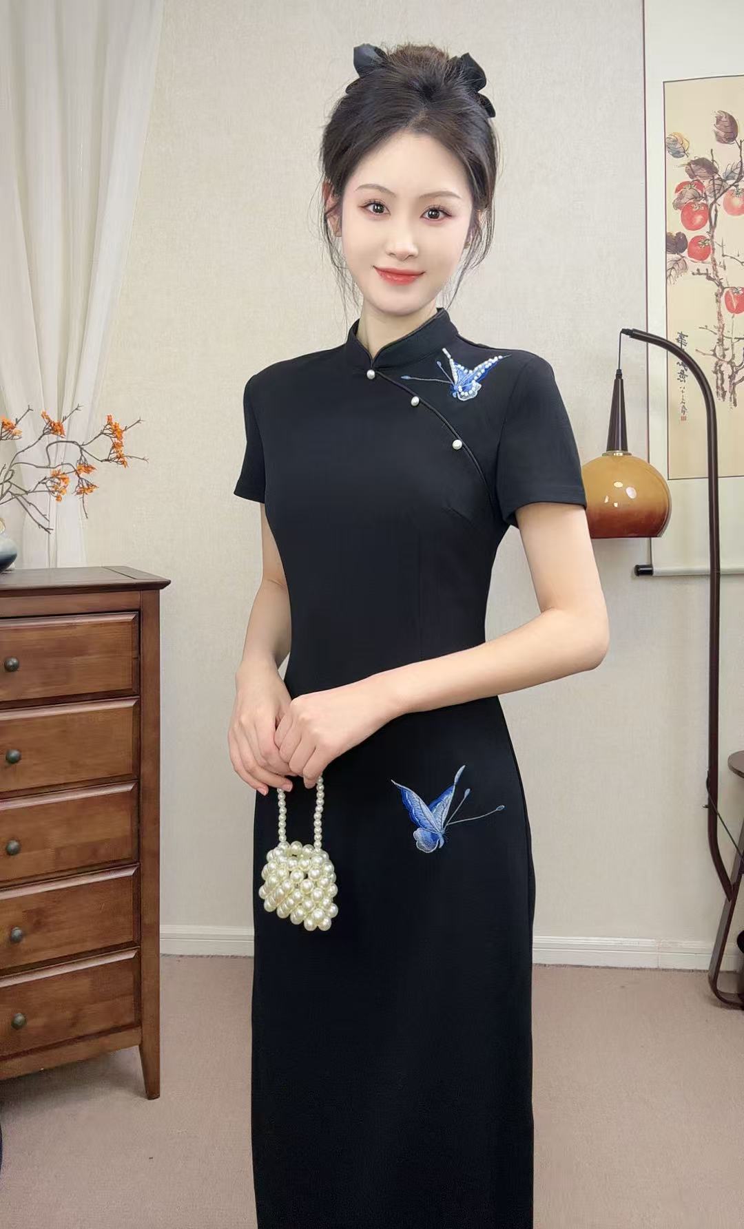 【今喜-蓝蝶】夏季新款苏派旗袍小黑裙蝴蝶刺绣显瘦日常穿