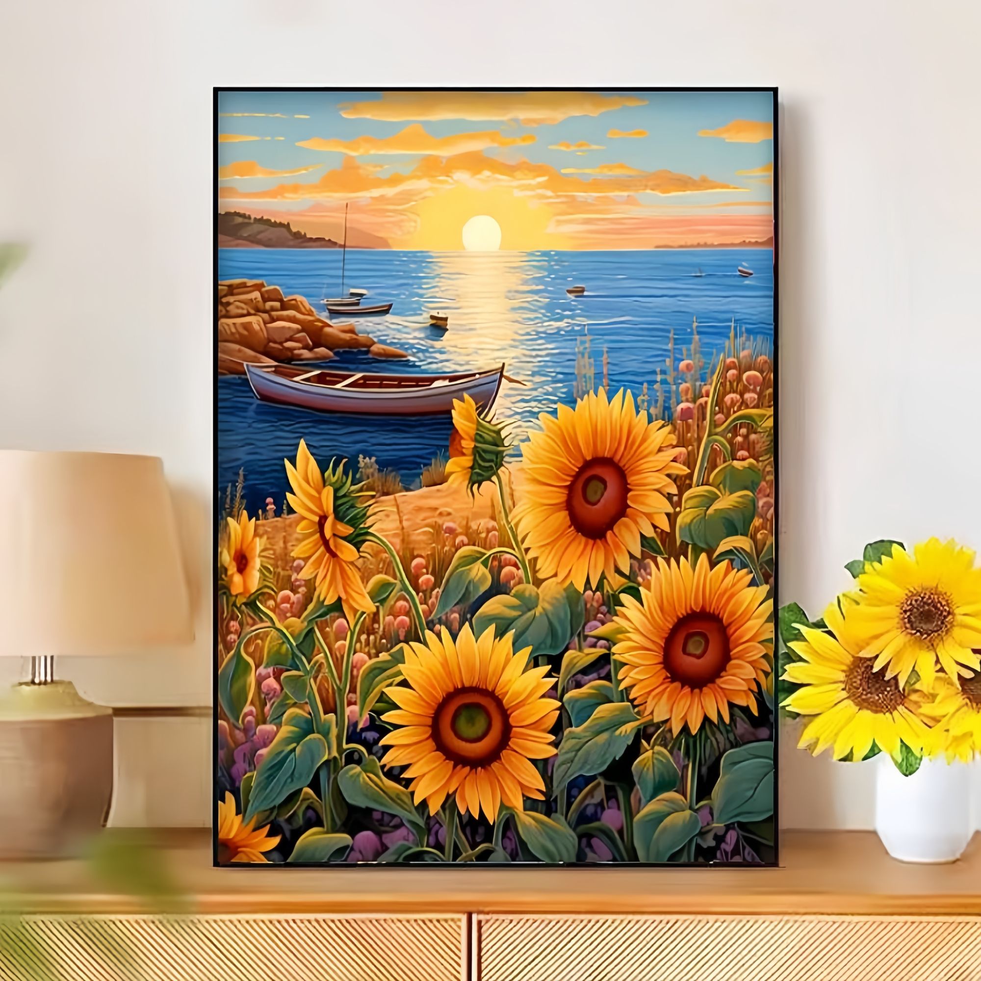 海边向日葵十字绣感治愈风卧室客厅书房印花线绣手工48色理想小窝