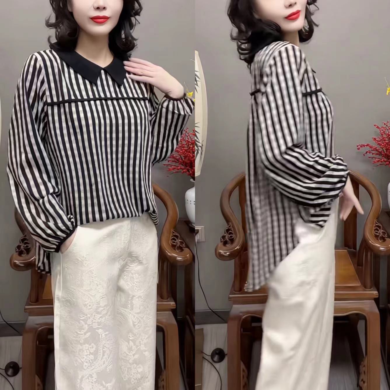 2025春季新款条纹长袖衬衫百搭宽松上衣气质显瘦款1356