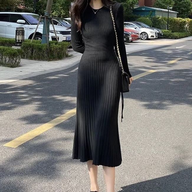 (直播间扣号链接）法式纯色针织毛衣裙修身显瘦连衣裙