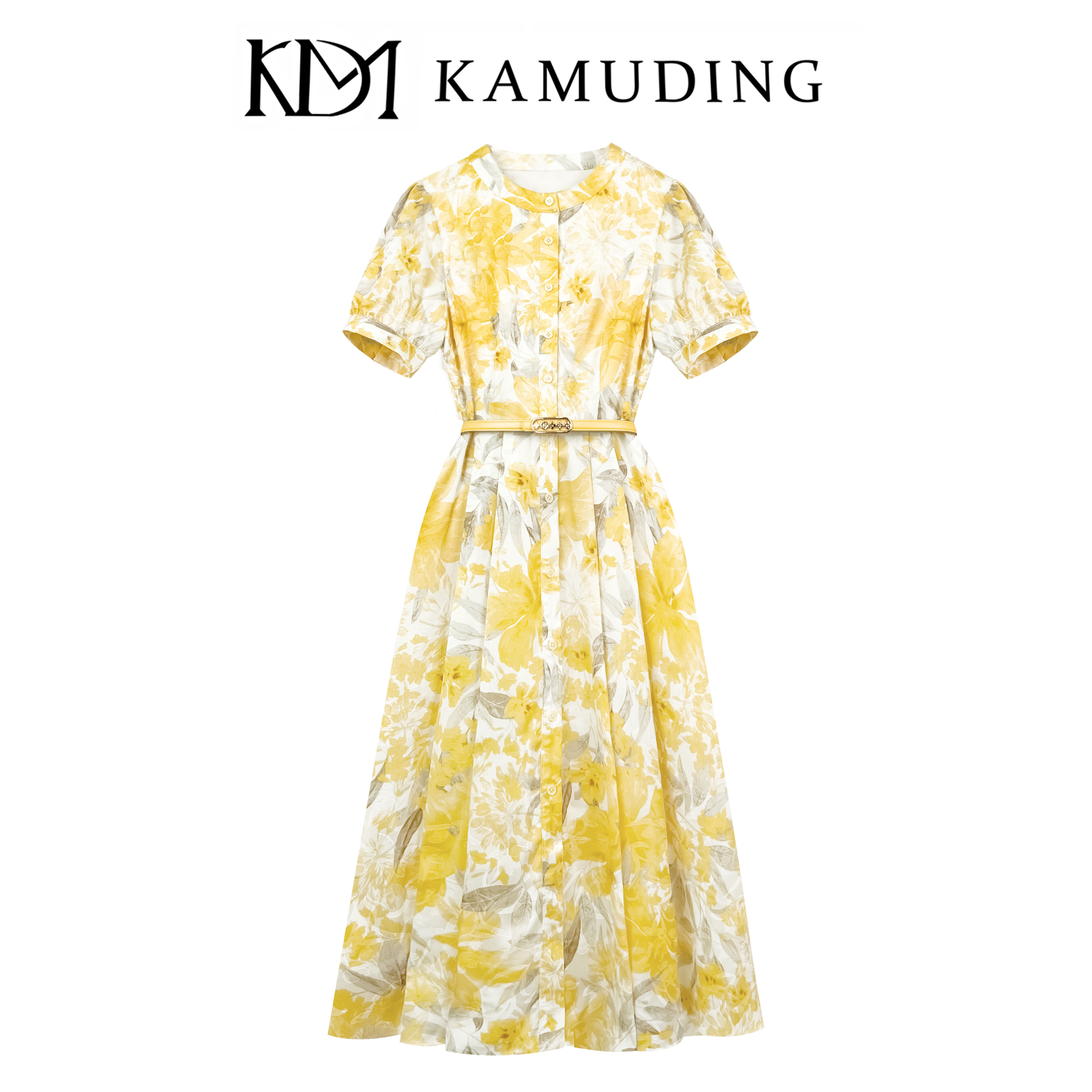 【YF】KAMUDING2025夏季黄花色气质短袖设计款连衣裙8806