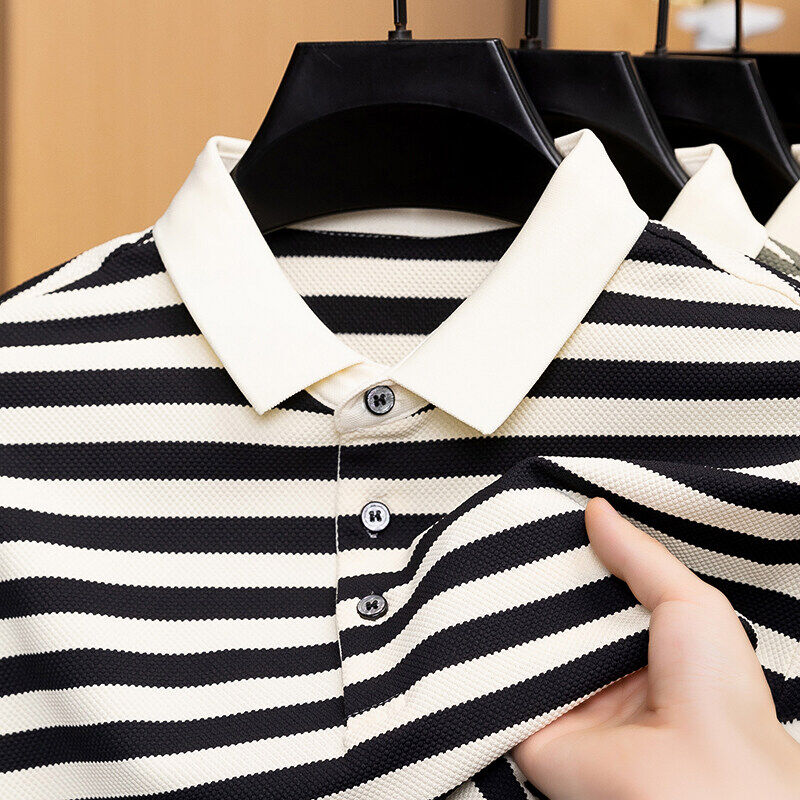 潮牌爆款条纹男士POLO衫休闲百搭洋气夏季半袖中青年韩版翻领T恤