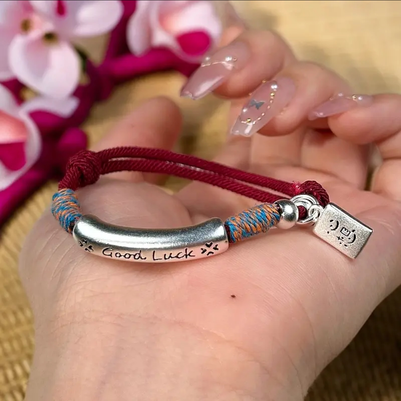 足银银制品 good luck幸运红绳天天开心可爱纯手工编织手链复古