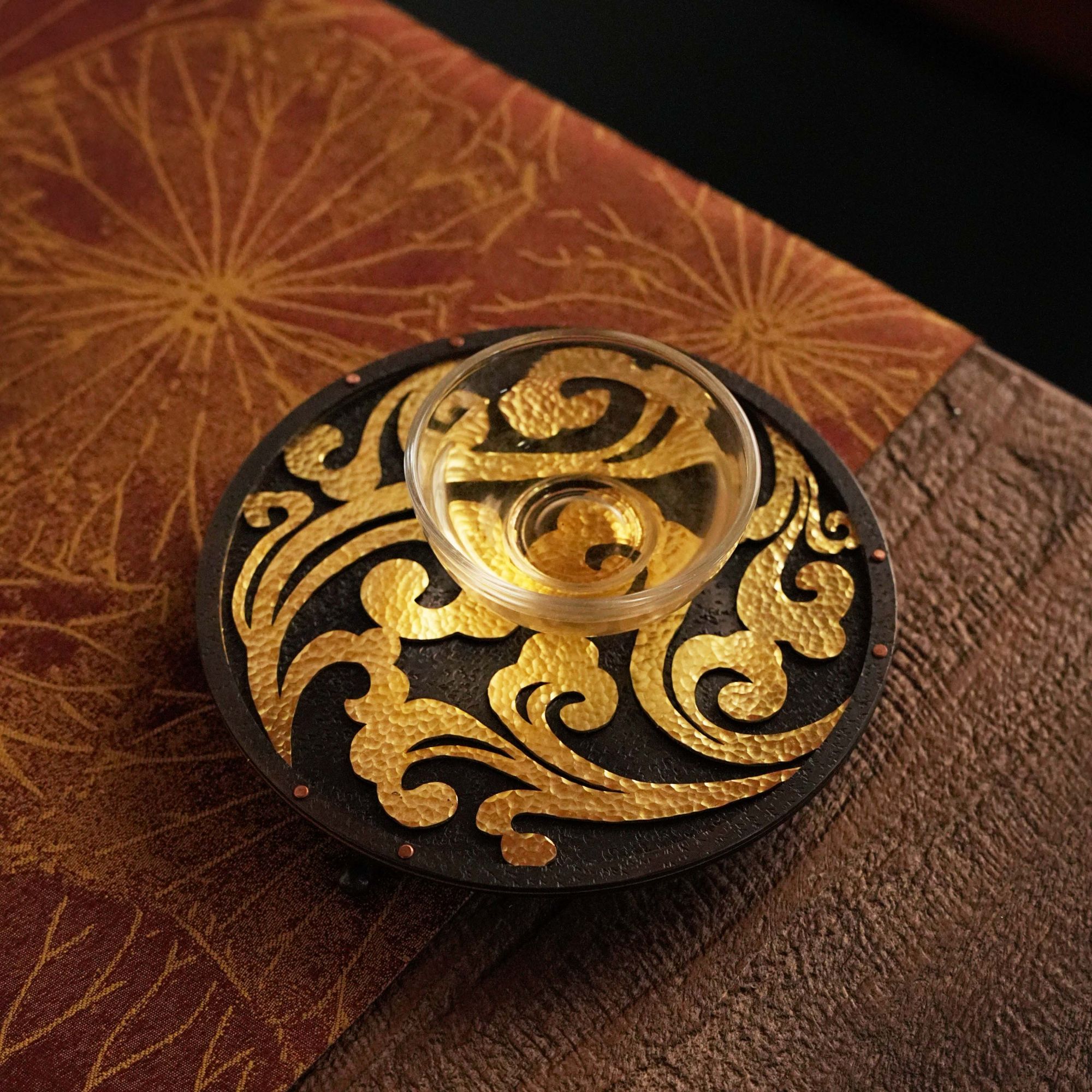 【铜小白】纯铜圆形陶瓷创意金色精致八卦车载貔貅祥云茶盘壶承