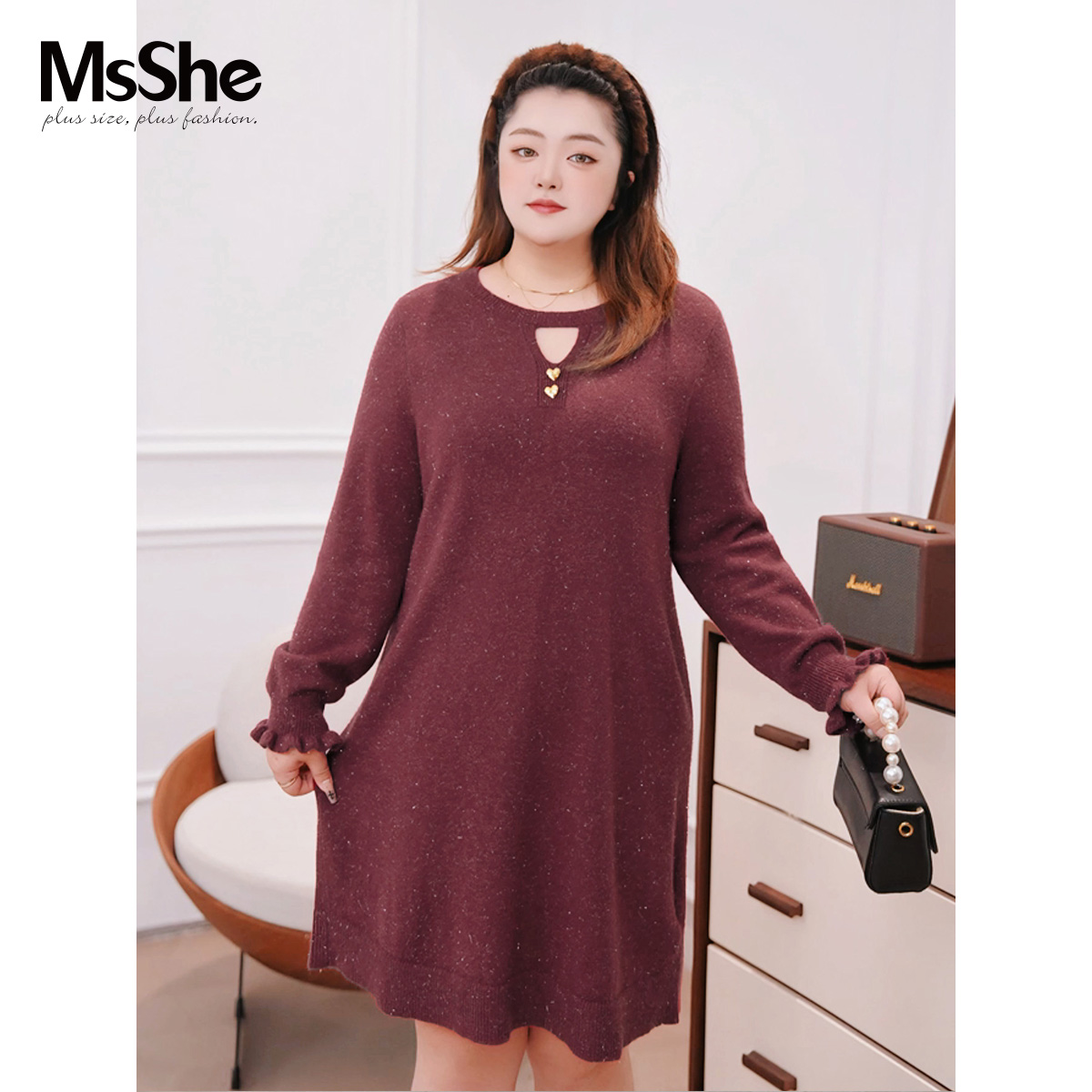 MsShe大码女装2025新冬装【18支亮丝北极绒】中款连衣裙D~F2511006