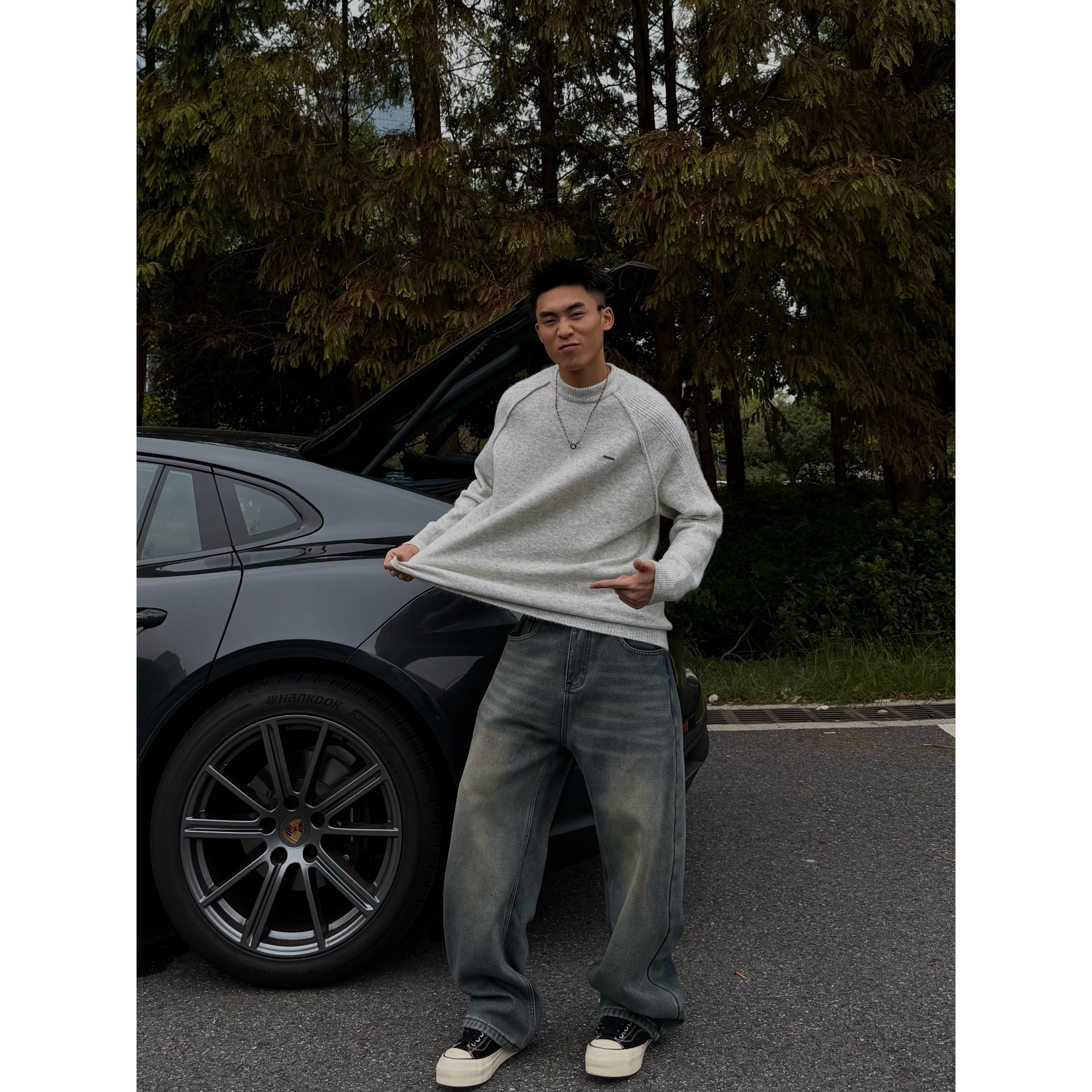 SFANG 秋冬季加厚保暖羊毛美式慵懒纯色百搭休闲圆领男士套头毛衣