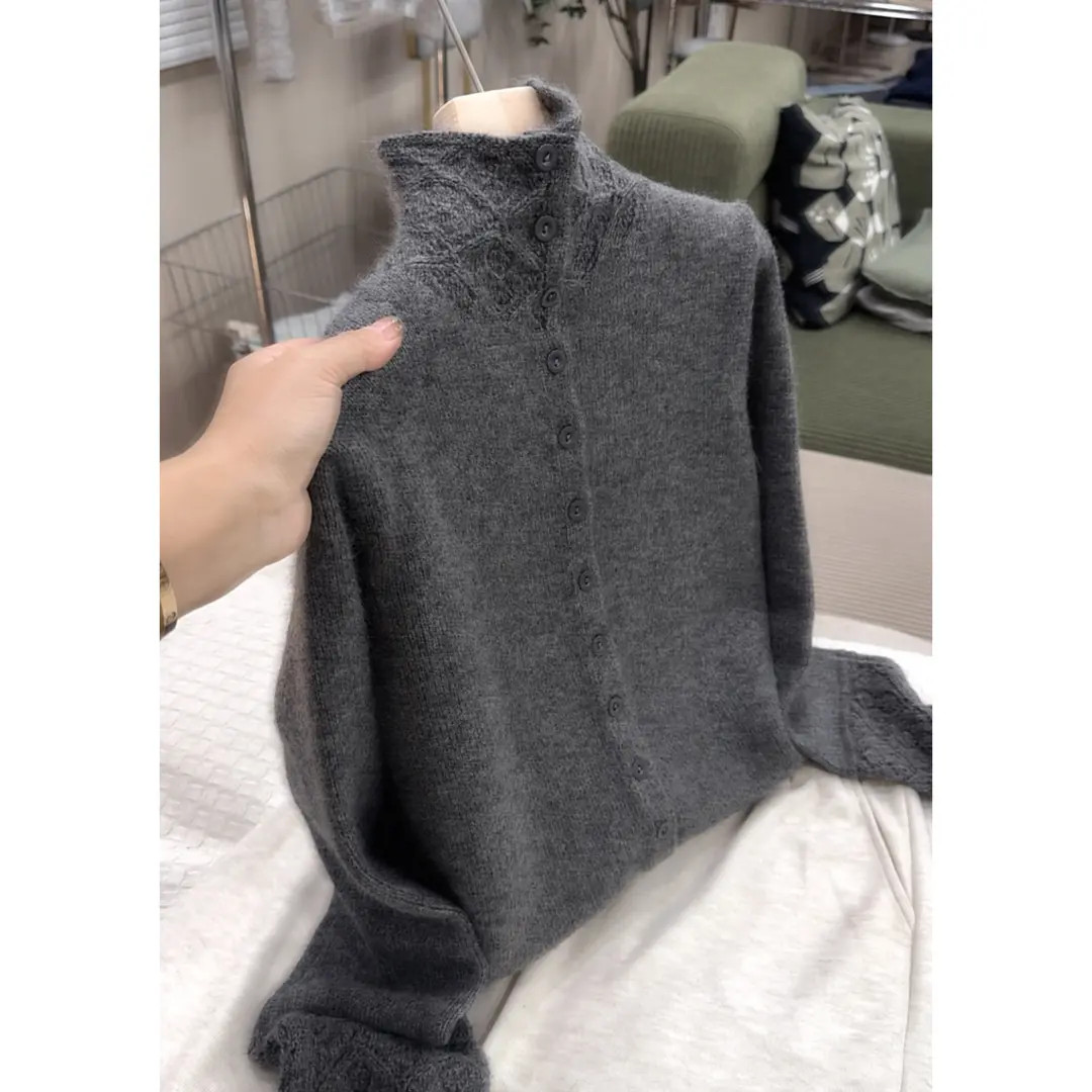 100%正品撤柜羊毛衫立领镂空针织开衫秋冬新针织毛衣外套加厚上衣