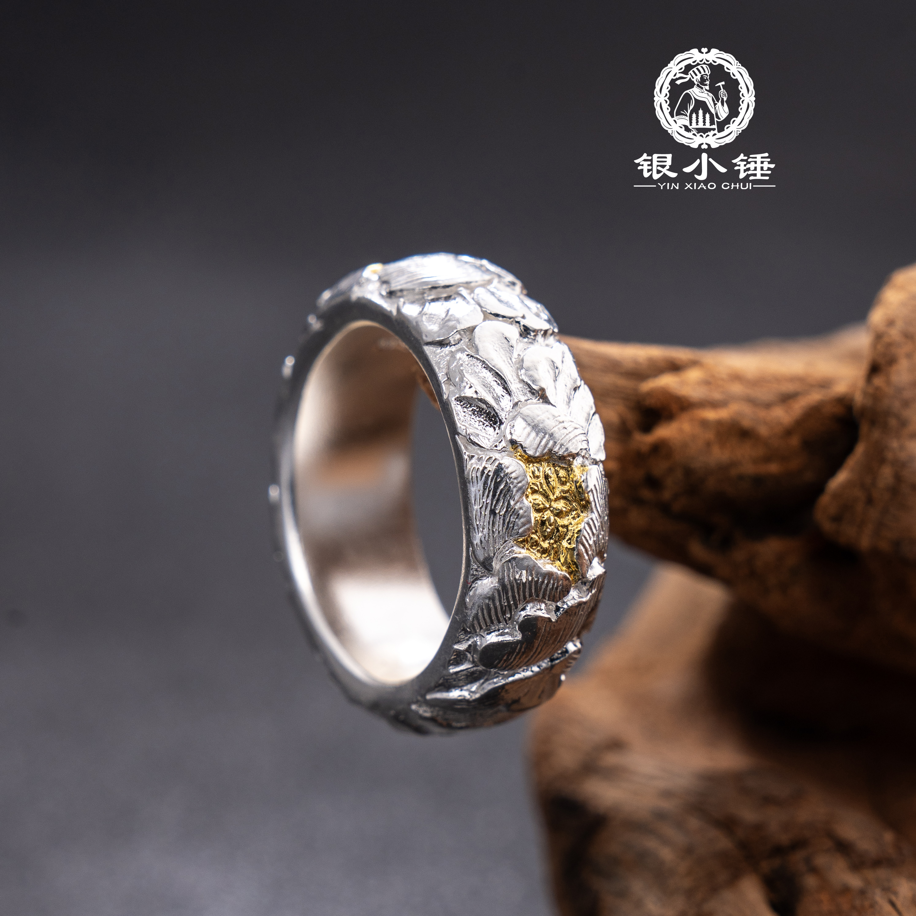 足银戒指 手工银戒指 大理银小锤手工錾刻牡丹999足银戒指/可定制