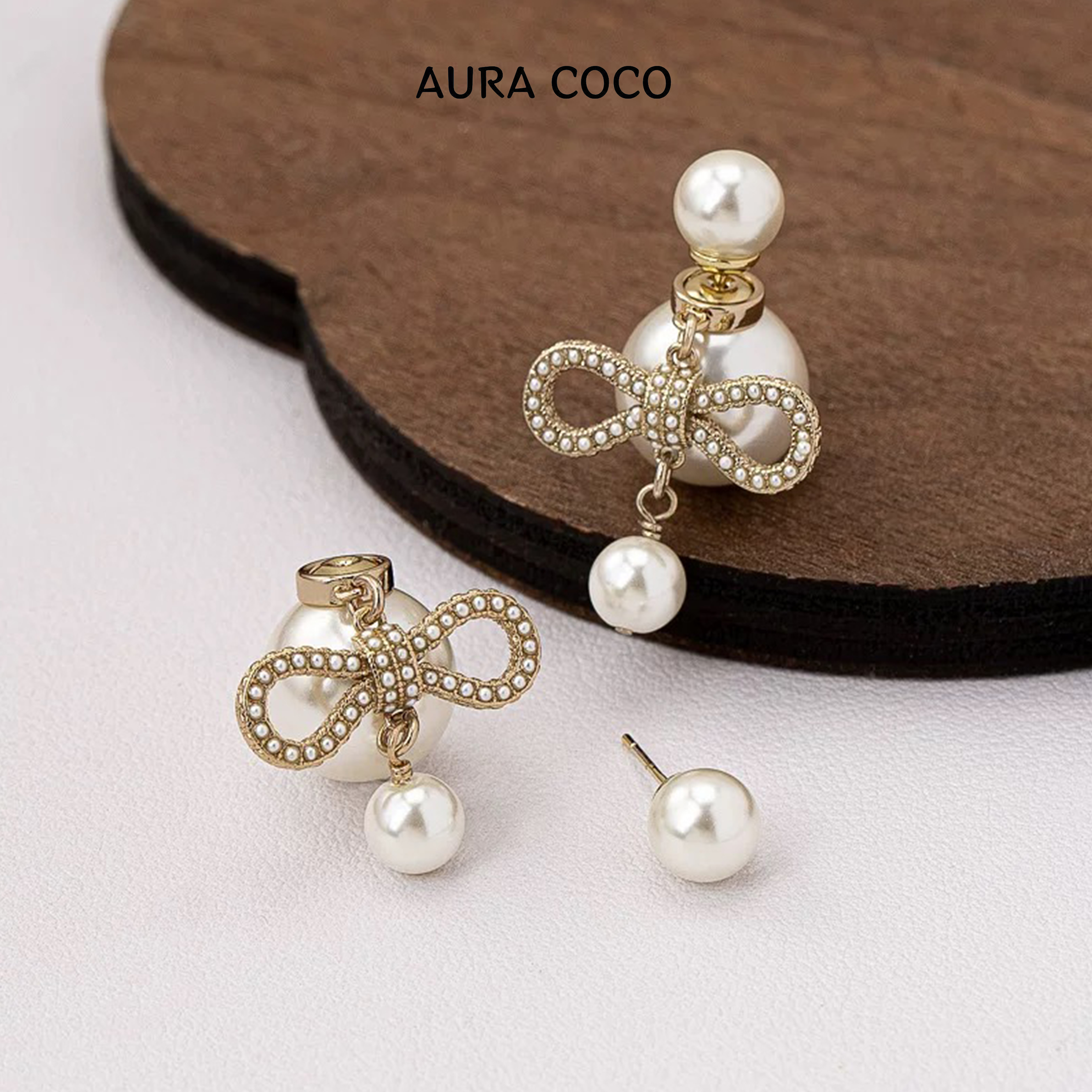 COCO高定 镀K金 蝴蝶结珠珠耳球耳钉 高级耳饰XMC1011