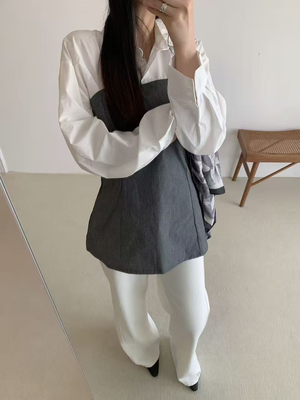 格调美美2855新简约韩系时尚气质百搭显瘦长袖简约拼接衬衫