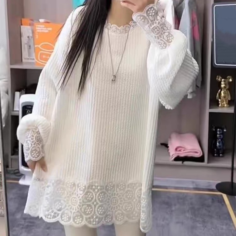 大码韩系蕾丝拼接宽松长袖打底衫女2025年秋冬新款百搭中长款上衣