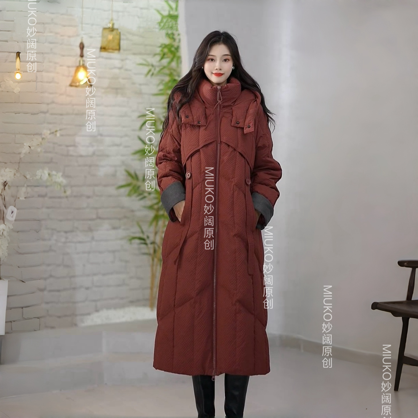 MK474#长款过膝茧型连帽羽绒服2025冬季新款白鸭绒羽绒服