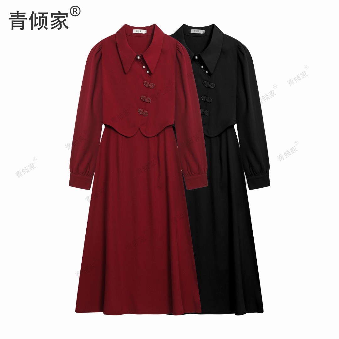 青倾家【曼哈顿岛】新中式长袖连衣裙长裙假两件高级感小众裙子秋冬