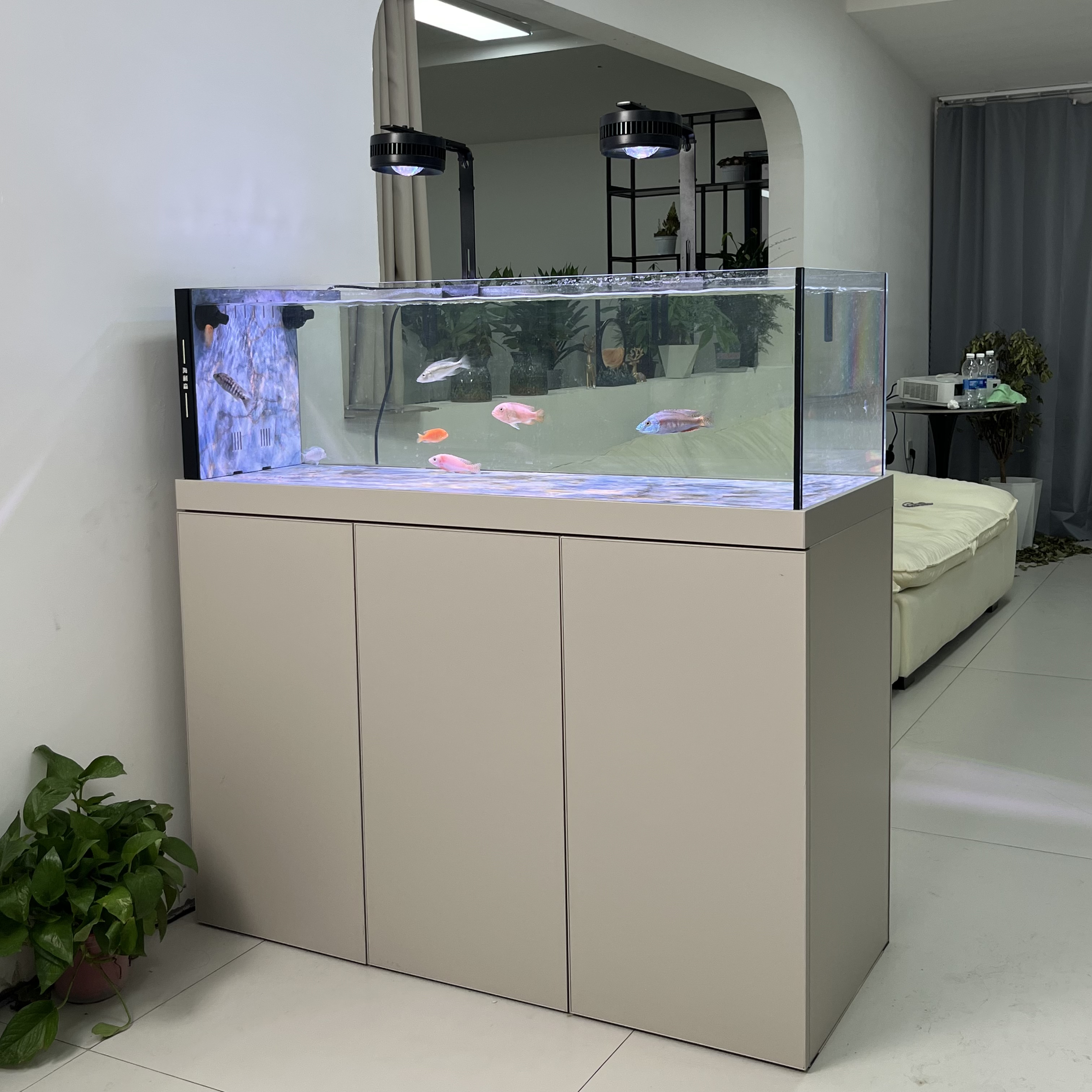 100极窄侧包溢流底滤鱼缸客厅水草缸超白玻璃工业风溪流缸水族箱