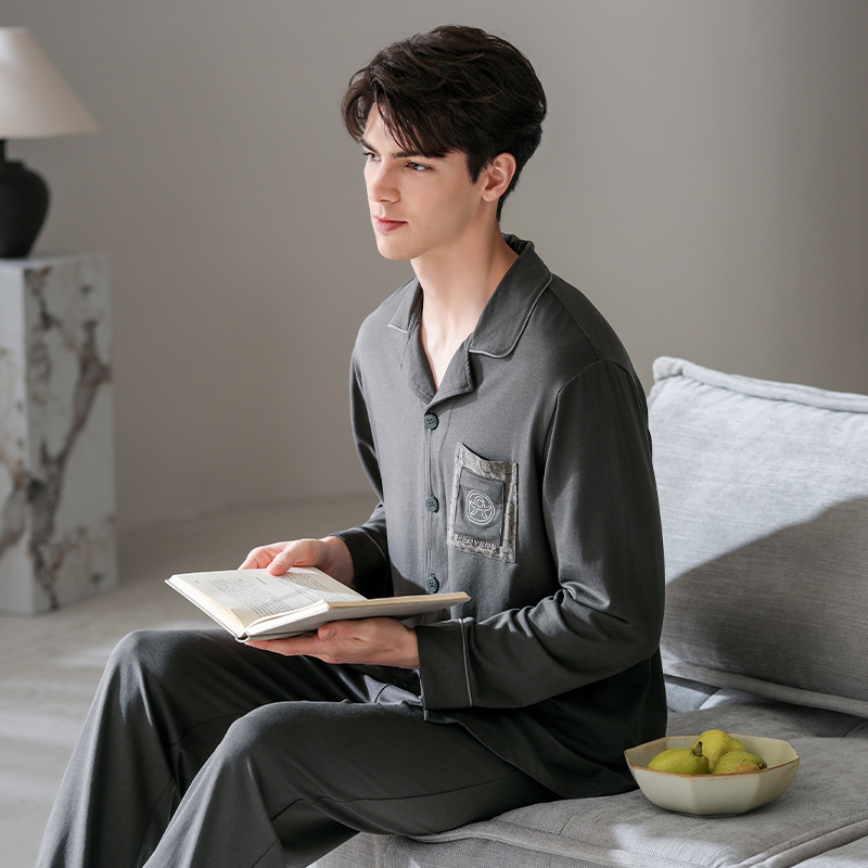 芬腾男士睡衣纯棉春秋季长袖开衫套装青年宽松休闲大码全棉家居服