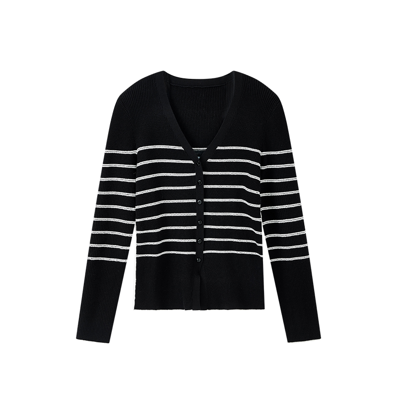 【达人专属】简约通勤针织衫V领条纹撞色修身开衫X08AZS3549