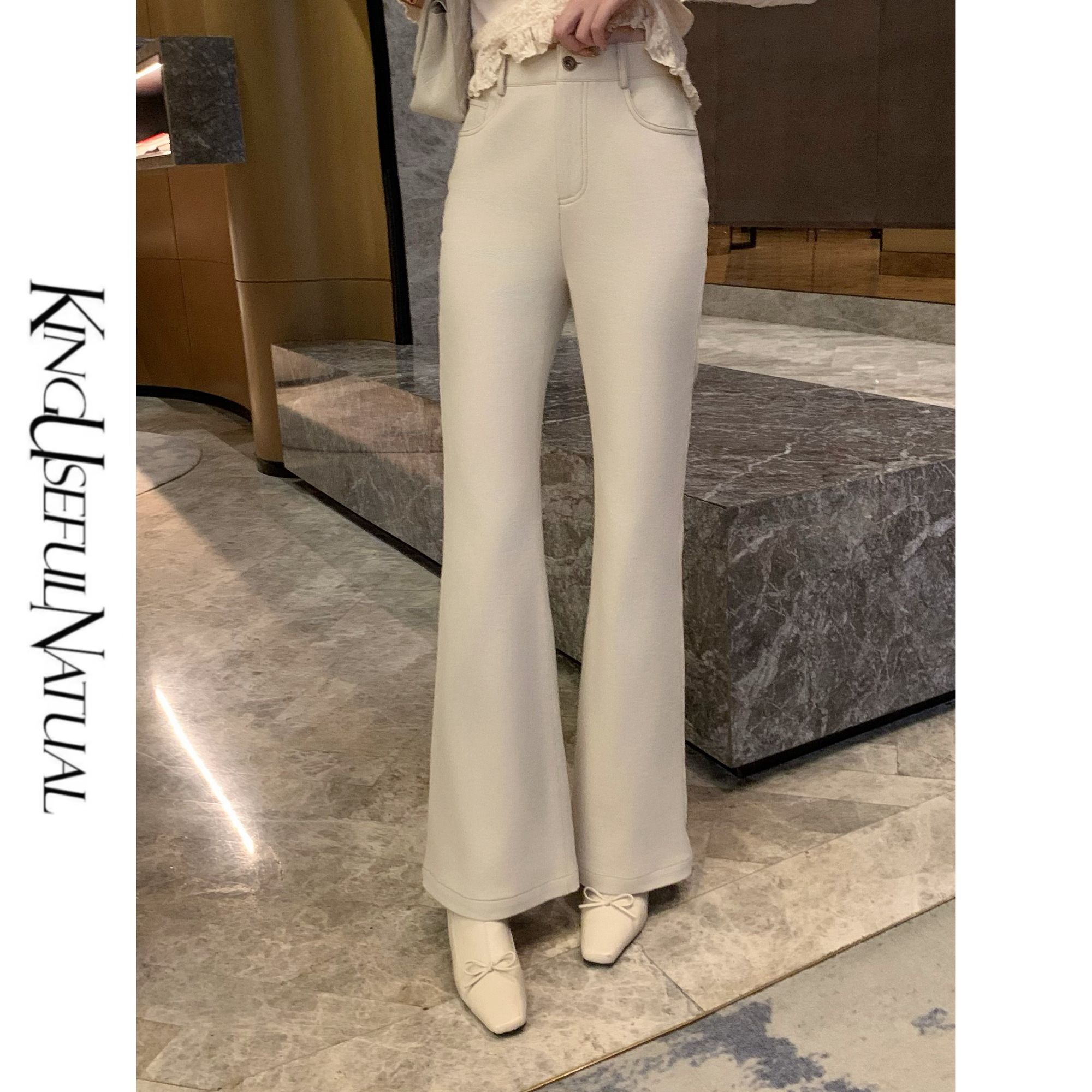 KUN【财阀裤】温暖有格调 高弹磨毛棉仿牛仔加绒加厚米色微喇裤子