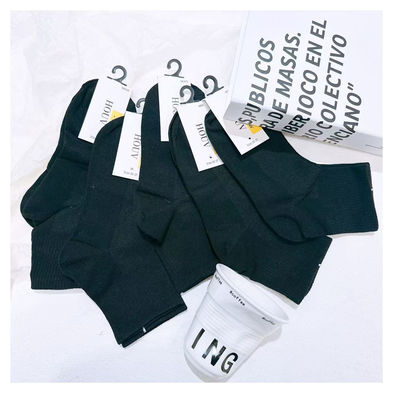 夏季长绒棉网眼黑色中性袜五双装（37-42码）