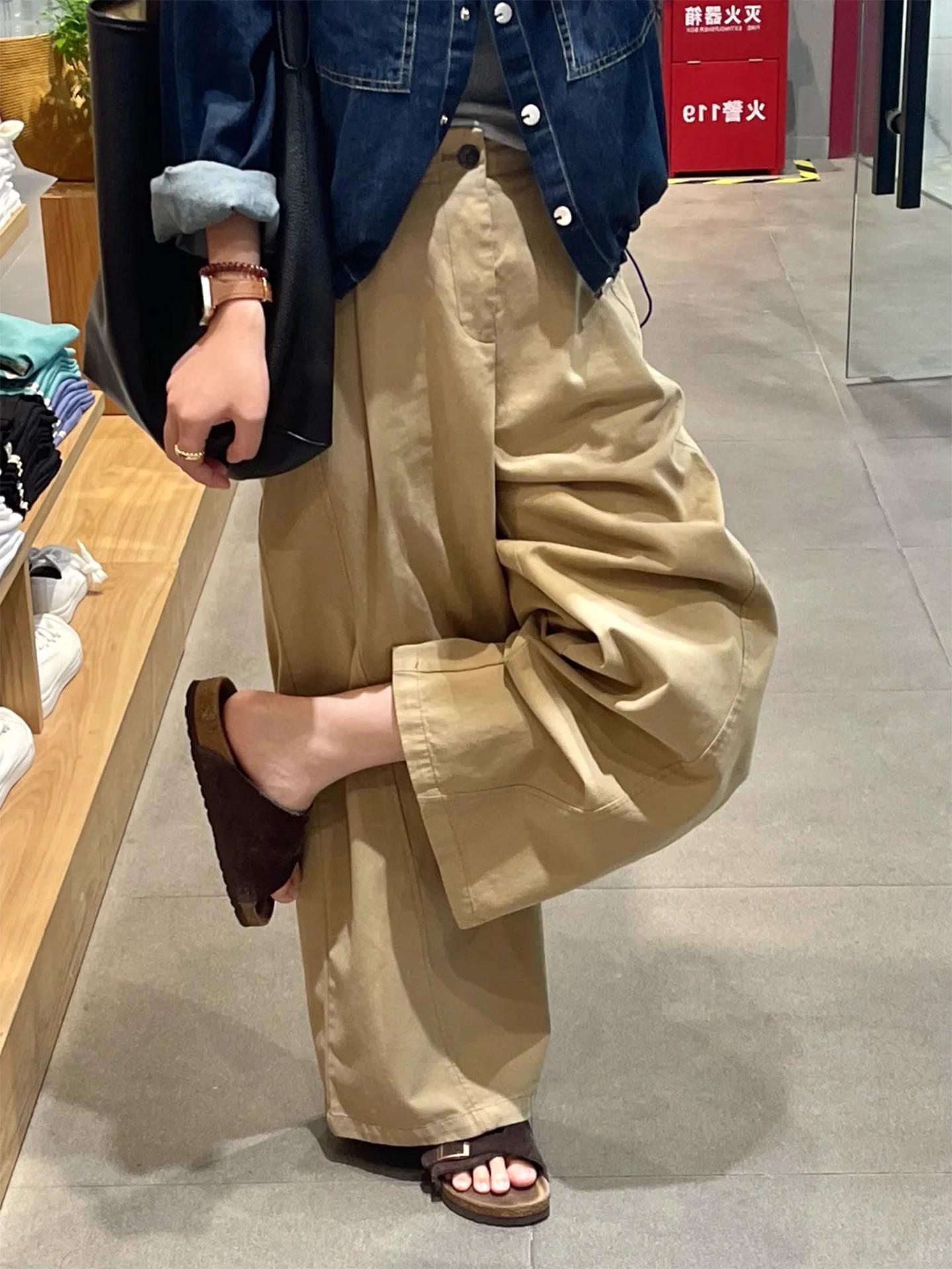 卡其色裤子梨型身材粗腿宽胯胖mm显瘦阔腿裤宽松慵懒风直筒裤女款