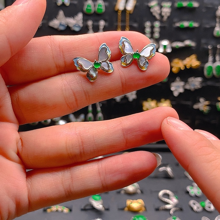 翡翠戒指银S925镶嵌耳钉