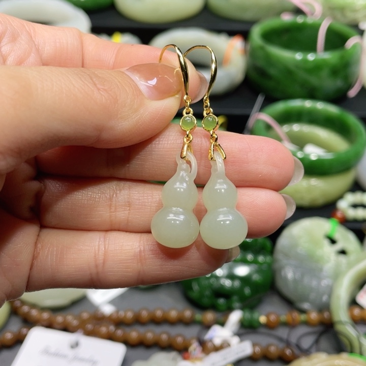 和田玉耳饰银S925镶嵌