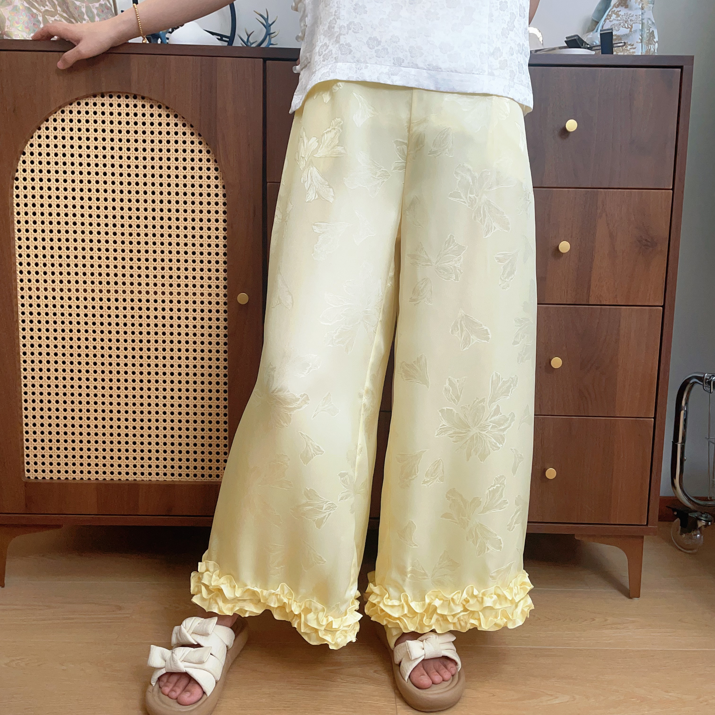 【锦裳丝绸 芙蓉】100桑蚕丝木耳边花边裤气质高级新中式阔腿裤甩裤