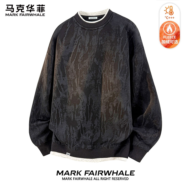 马克华菲黑色加绒加厚圆领卫衣男秋冬季新款休闲宽松保暖套头上衣
