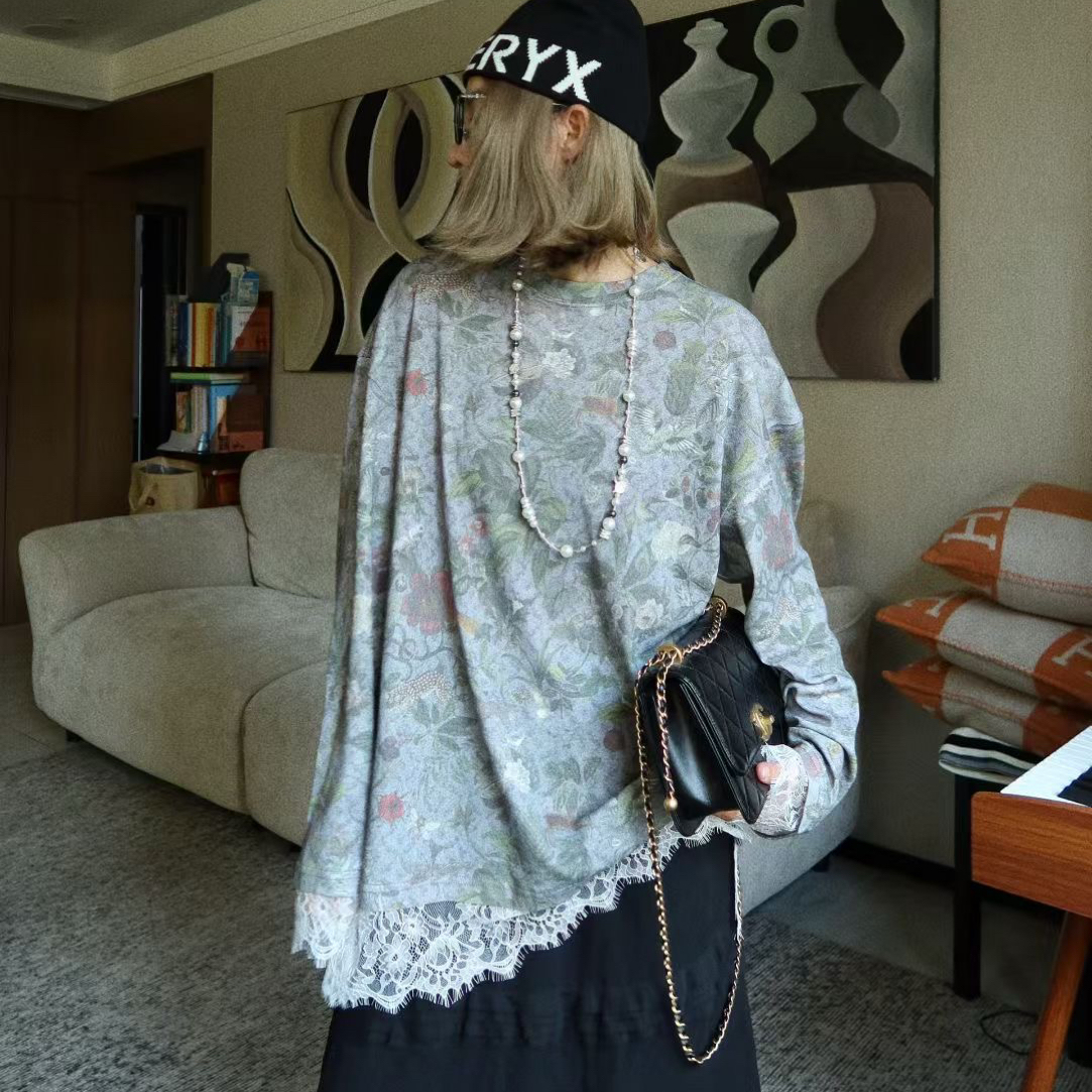 现货秒发 2025冬季新款「魔法花园」蕾丝拼接长袖T恤