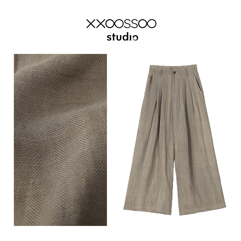 xxoossoo 100%亚麻阔腿裤高腰休闲裤西裤百搭休闲夏季褶皱女装