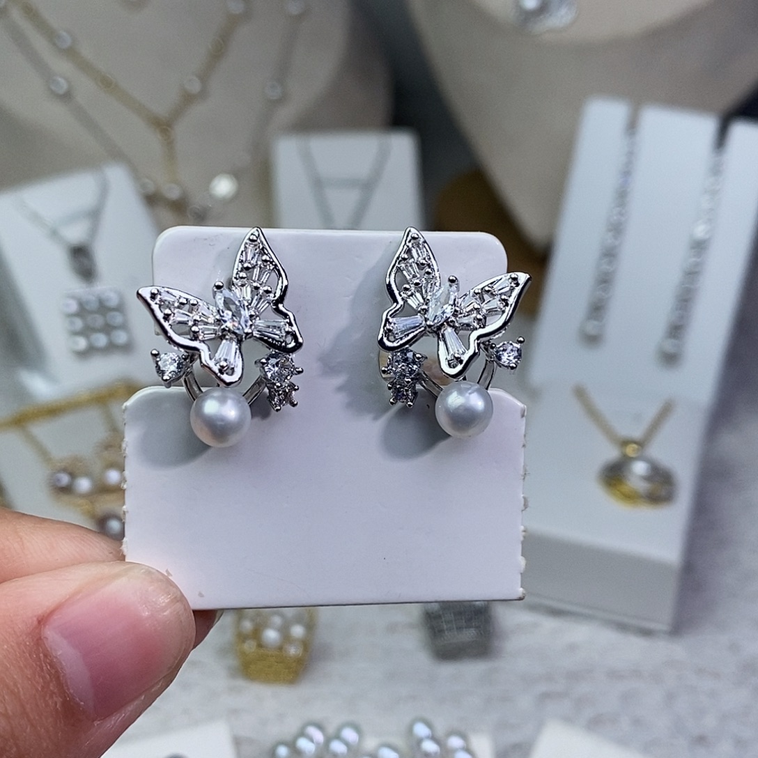 耳饰银S925镶嵌淡水珍珠