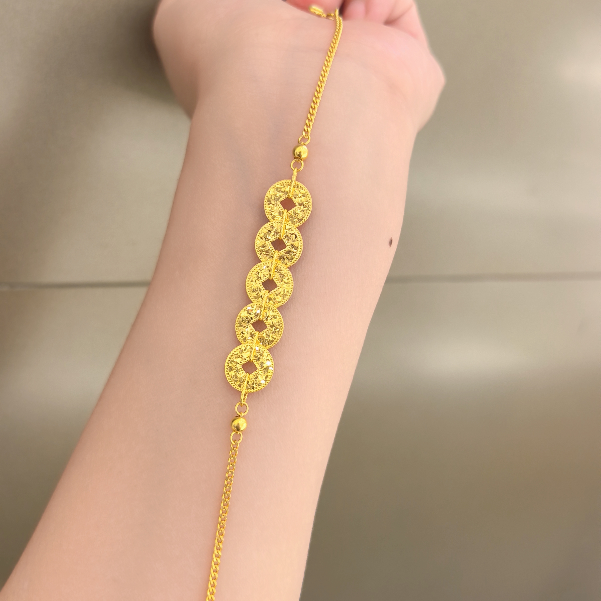 足金999大版碎冰冰五帝钱手链5G黄金手链时尚精致百搭首饰手链