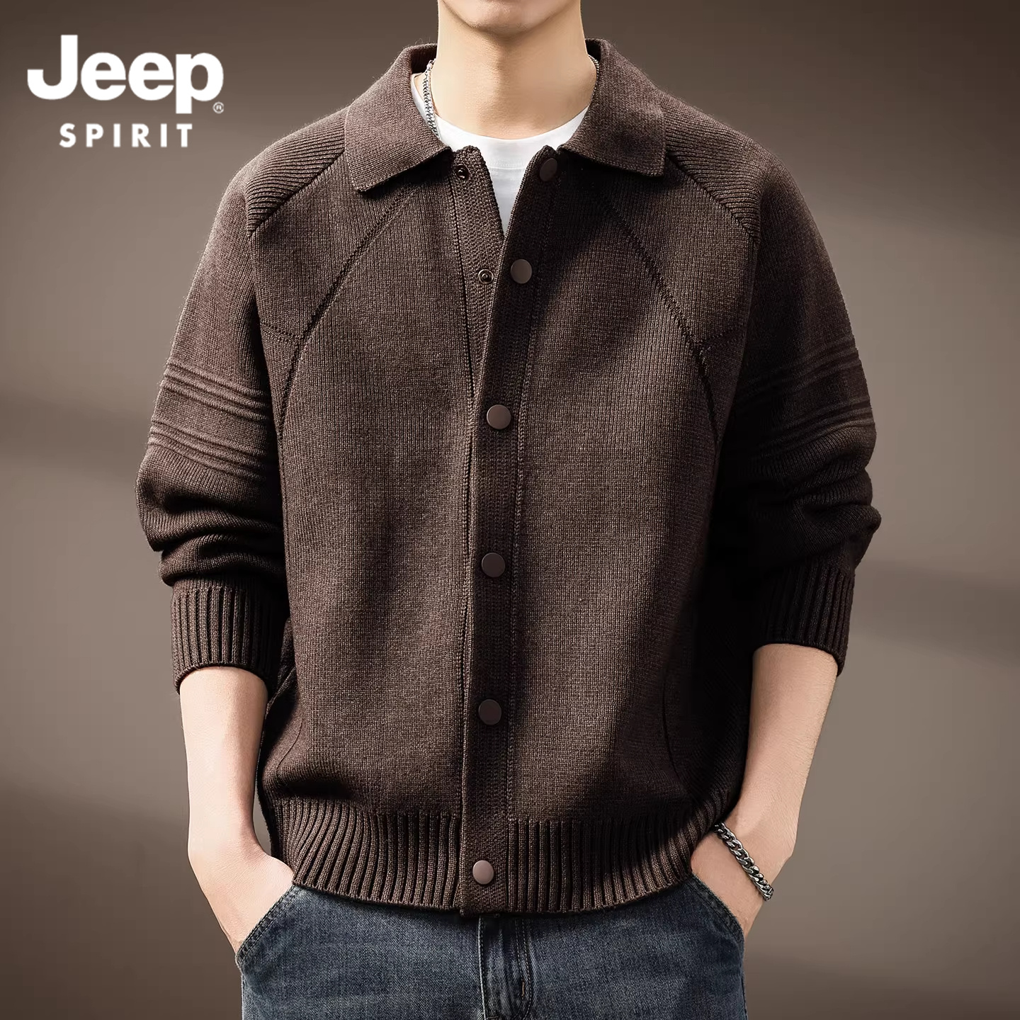 JEEPSPIRIT高端老钱风翻领开衫毛衣秋冬款美式宽松休闲针织衫外套