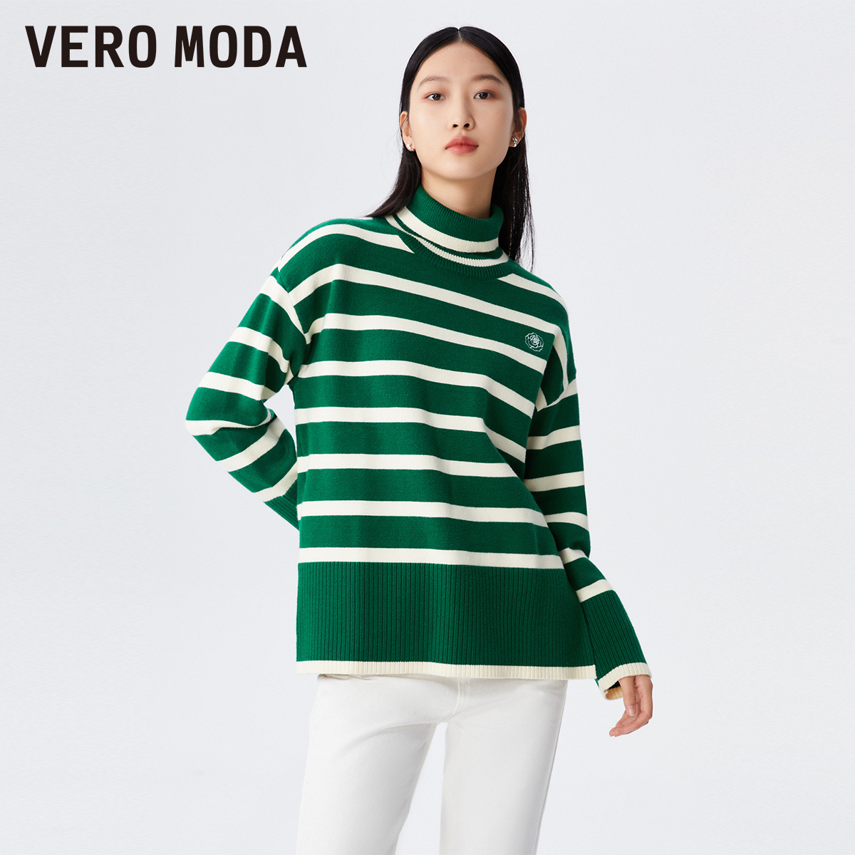 【粉丝专属】Vero Moda针织衫女百搭条纹宽松落肩高领时尚323113017