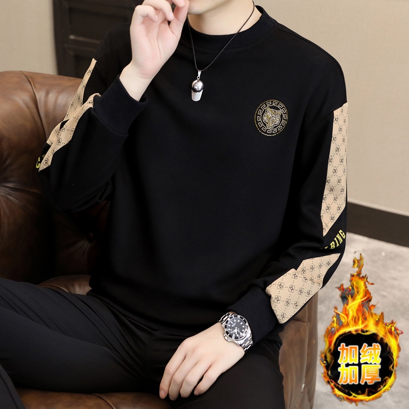 欧货烫钻撞色加绒加厚卫衣男士冬季新款简约百搭休闲时尚上衣2315