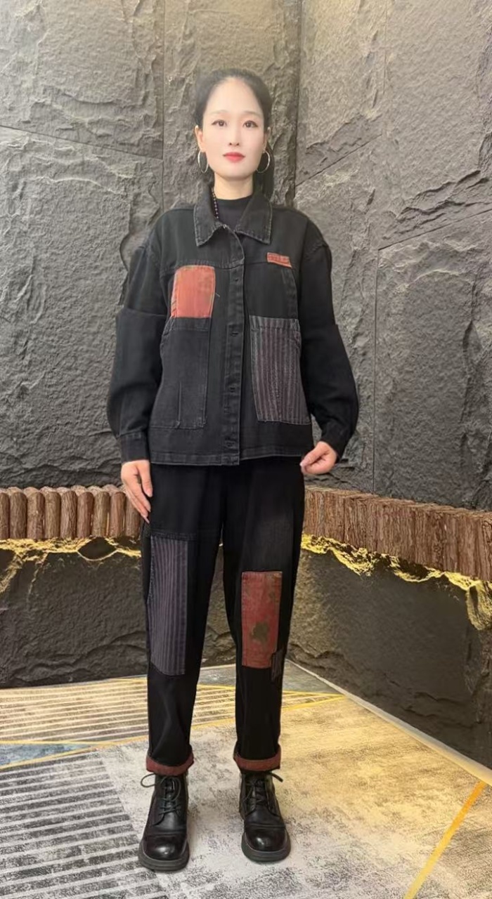 2023秋季新品女翻领拉链牛仔外套宽松哈伦裤格子两件套装水洗时尚