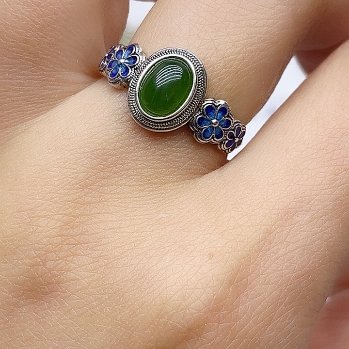 和田玉戒指银S925镶嵌天然