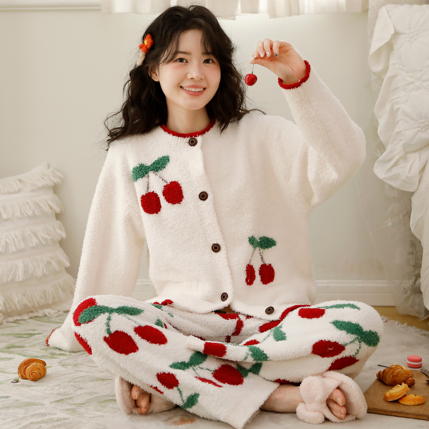 『眠岛』冬季甜美加厚半边绒睡衣女加绒保暖软绵绵外穿家居服套装