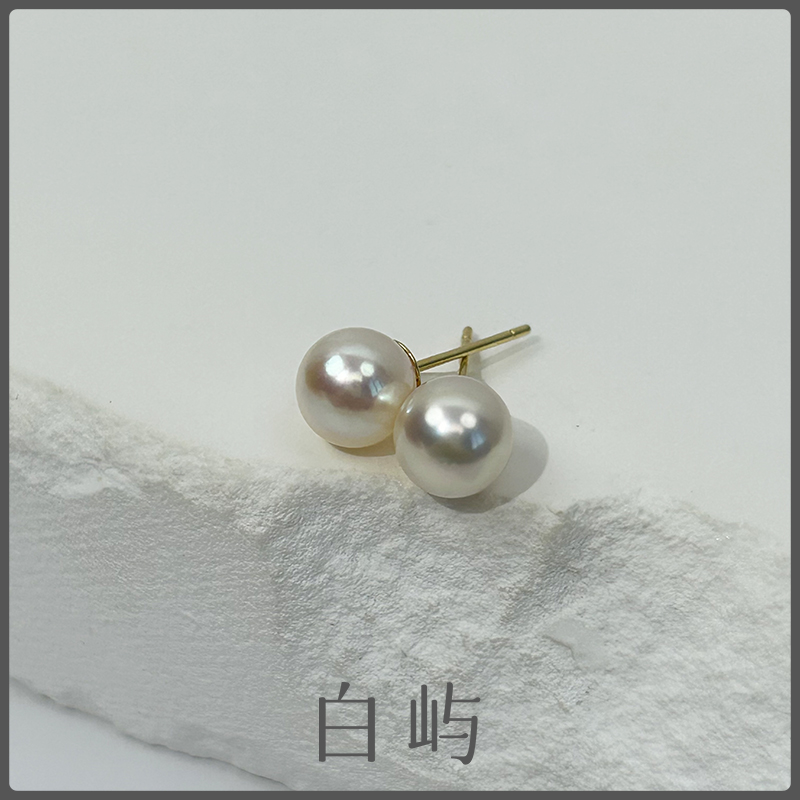 【羽皇金】E78天然海水akoya珍珠S925银耳钉6-7mm