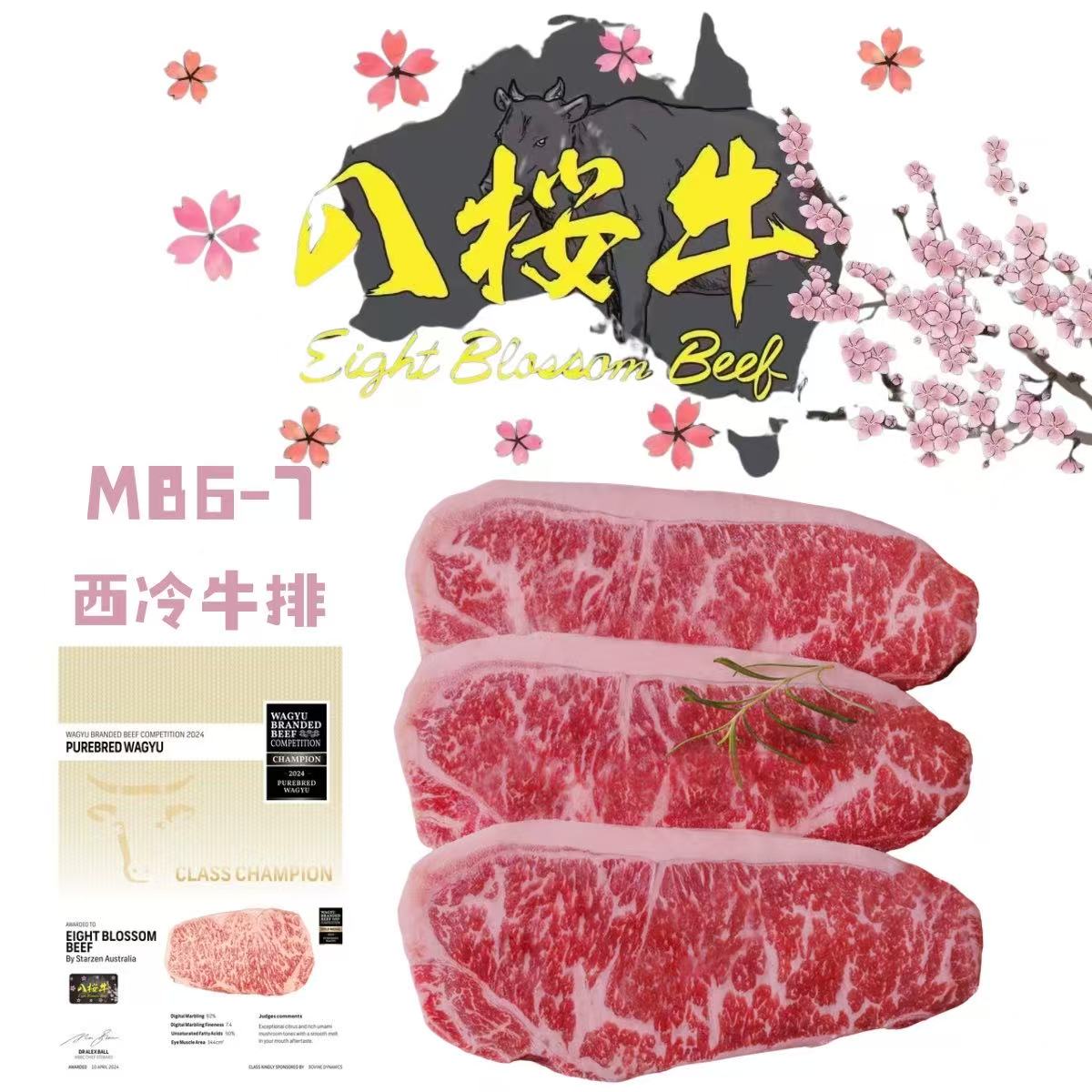 原切牛排澳大利亚203厂八樱牛F1和牛MB6-7西冷牛排