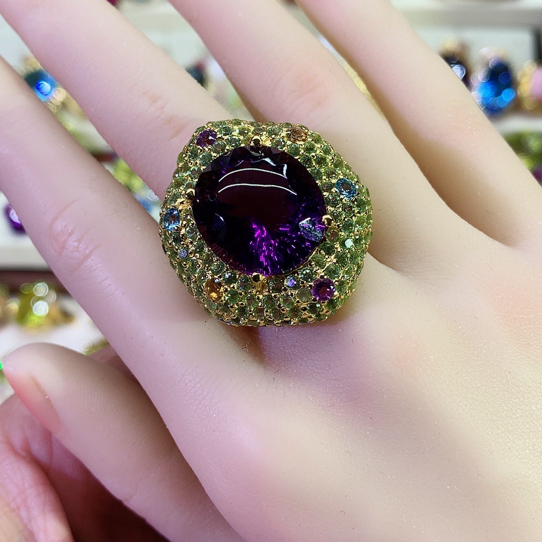紫晶戒指银S925镀金镶嵌