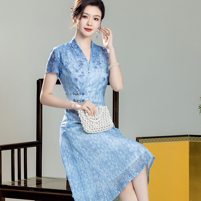 秀观唐蓝苍2025夏装新款改良新中式国风女装日常修身旗袍连衣裙
