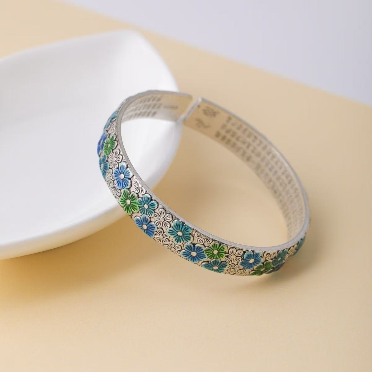 999.9银复古设计繁花心经开口镯