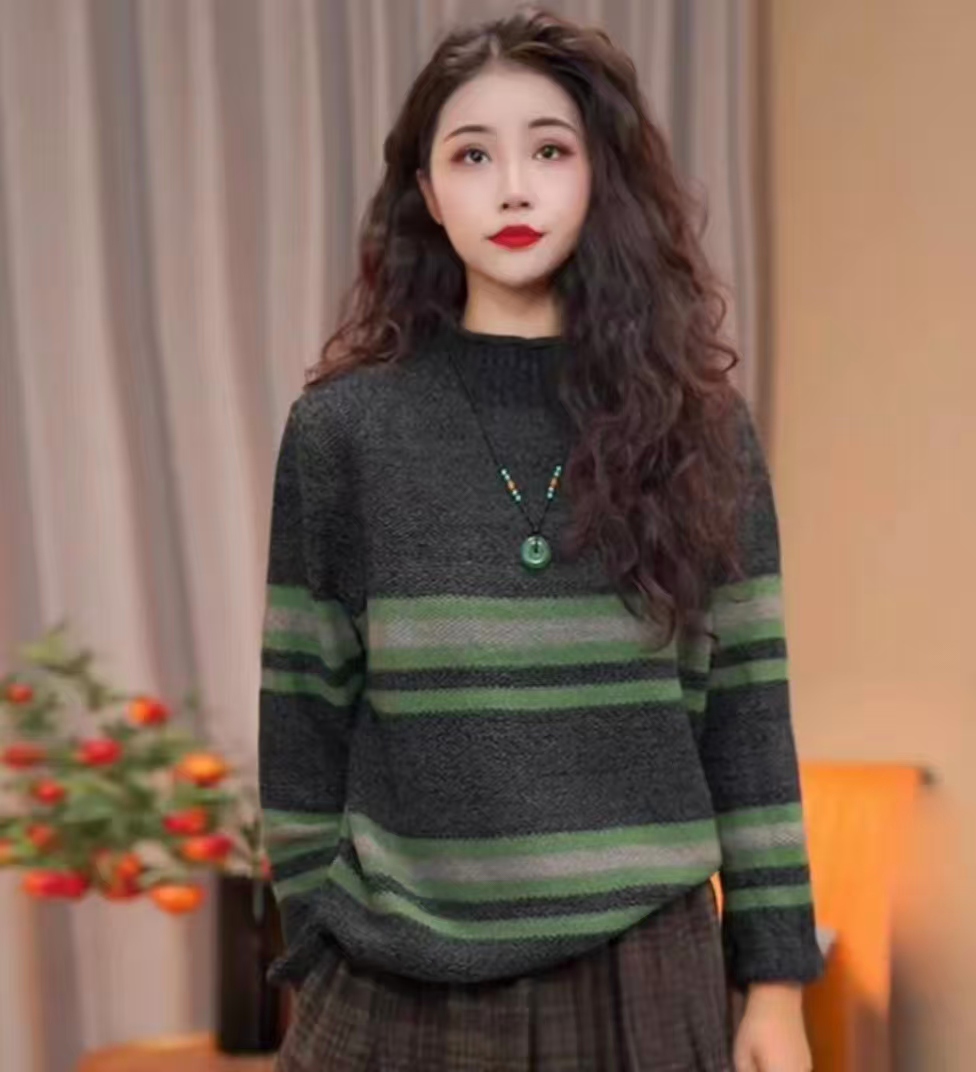 冬款新品针织条纹落肩袖毛针织衫圆领打底衫加厚百搭女