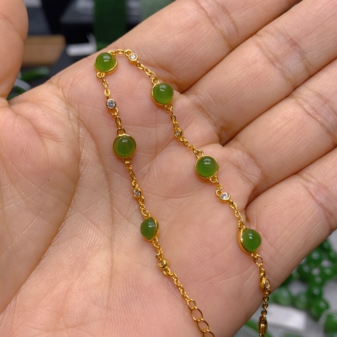 手链银S925镀金镶嵌和田玉（碧玉）