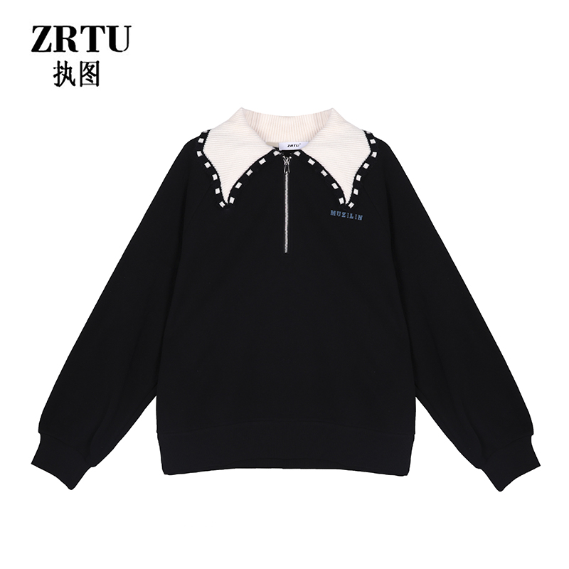 秋冬新款长袖撞色加绒卫衣毛衣领设计师上衣