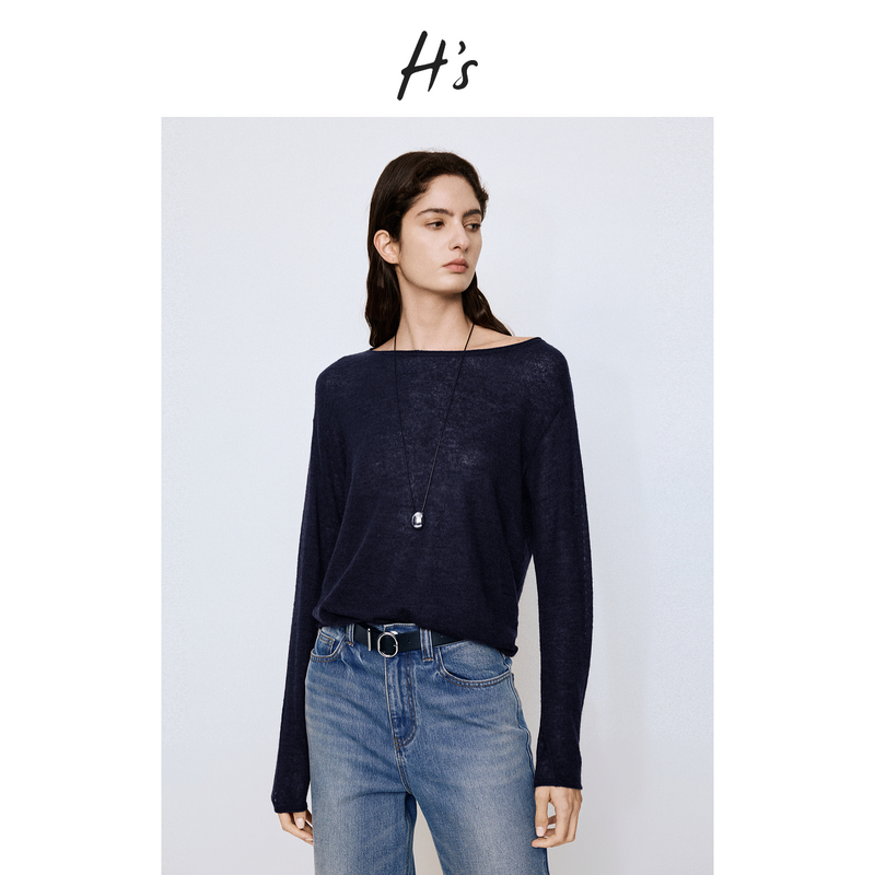 H'S一字肩针织衫女25秋新款松弛感轻盈藏青色上衣毛衣