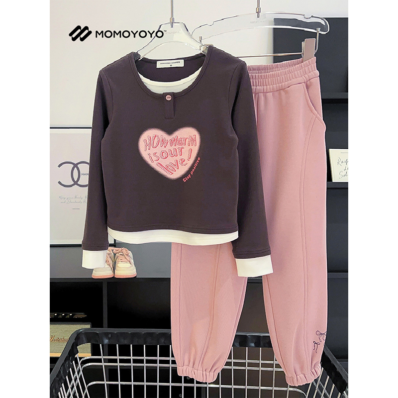 辰辰妈【桃桃】女童春秋款假两件爱心T恤儿童弹力洋气长袖上衣6943D