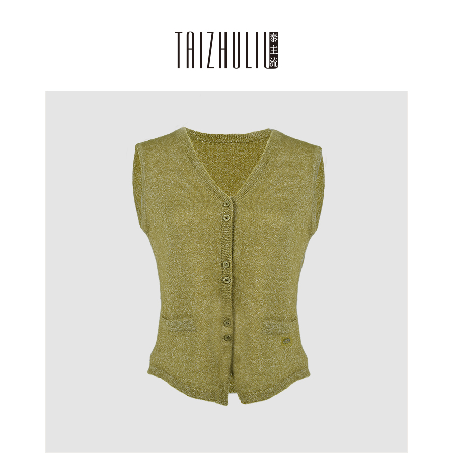 【泰主流】女亚麻羊绒衫针织衫简约纽扣V领马甲百搭秋冬宽松版7904
